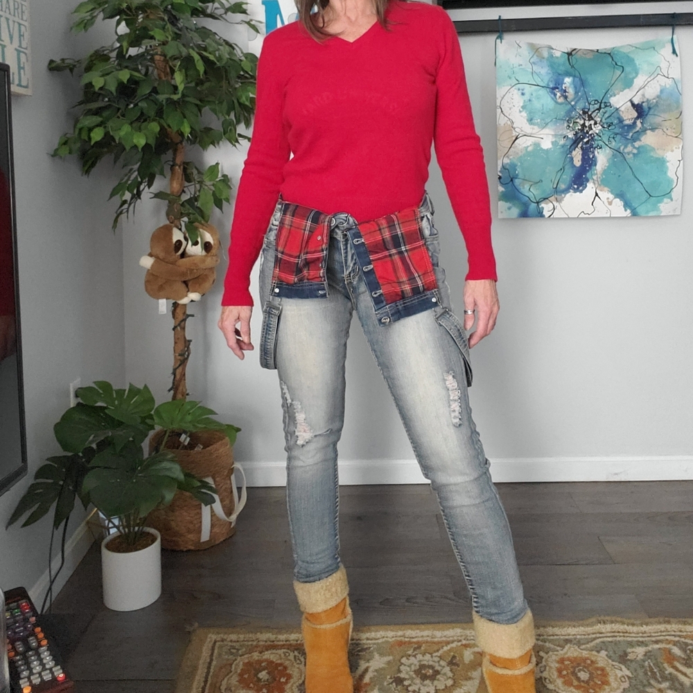 HOT KISS Ava Y2K Denim Plaid Trim Distressed Overalls 13